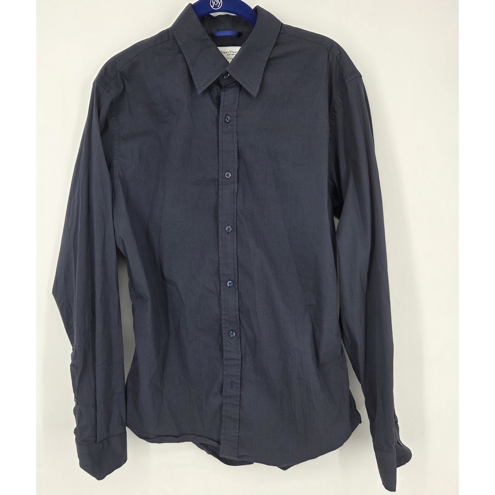 Teddy Stratford NYC Fitted Shirt Mens 3 Navy Blue Hidden Zip Long Sleeve Stretch